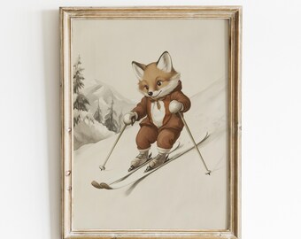 Fox Skiing Print, Winter Sport Nursery Decor, Animal Nursery Art, Gender Neutral Nursery, Playroom Decor, Kids Room Art, Baby Room Decor