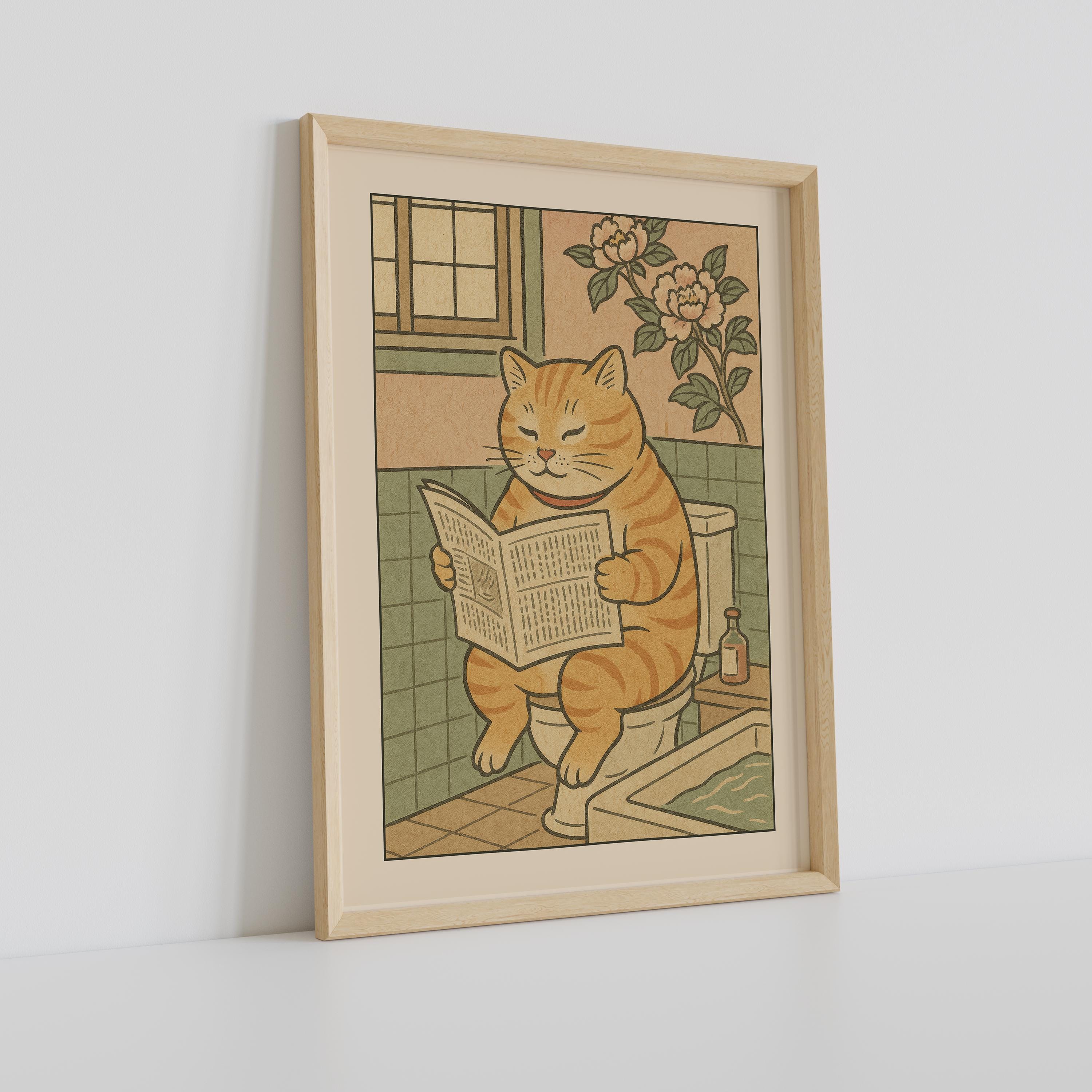 Fat Tabby Cat on Toilet Print, Japanese Bathroom Wall Art, Cat Art ...