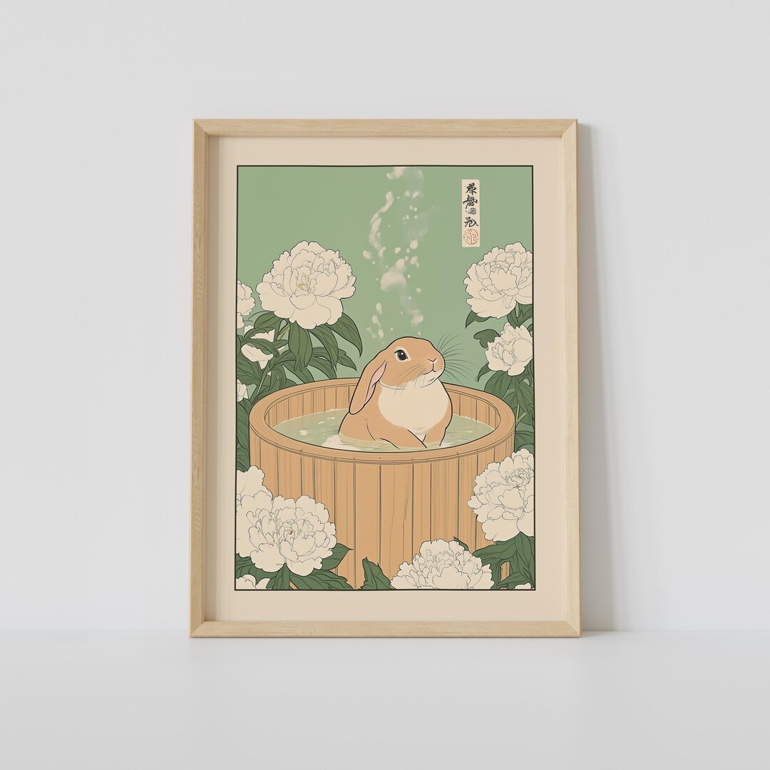 Rabbit in a Bathtub Print, Japanese Bathroom Wall Art, Rabbit Wall Art ...