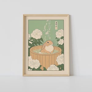 Rabbit in a Bathtub Print, Japanese Bathroom Wall Art, Rabbit Wall Art, Japandi Art, Relaxing Poster, Japanese Wall Decor, Bathroom Decor