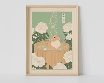 Rabbit in a Bathtub Print, Japanese Bathroom Wall Art, Rabbit Wall Art, Japandi Art, Relaxing Poster, Japanese Wall Decor, Bathroom Decor