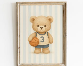 Teddy Bear Basketball Print, Sport Nursery Decor, Animal Nursery Art, Blue Stripes, Playroom Decor, Kids Room Art, Baby Room Decor