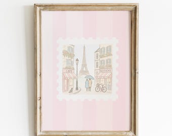 Stampa di francobolli di Parigi, stampa murale di viaggio, stampa estetica Coquette, strisce rosa, arte per dormitori, arte murale femminile, arte murale della Torre Eiffel, arredamento per la casa