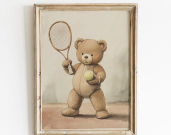 Teddy Bear Playing Tennis Print, Sport Nursery Decor, Animal Nursery Art, Neutral Nursery, Playroom Decor, Kids Room Art, Baby Room Decor