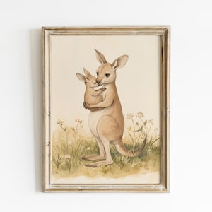 Impresión de canguro cargando a un bebé canguro, decoración de guardería, arte de guardería con animales, guardería neutra, decoración de sala de juegos, arte de habitación de niños, decoración de habitación de bebé