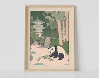 パンダ　絵画　版画　アンティーク パンダのアートプリント：日本の木版画スタイル、アジアのアートワーク