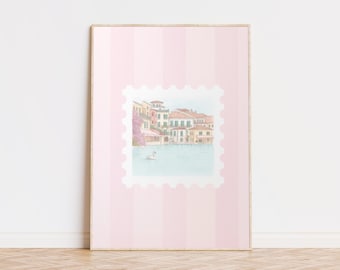 Italy Stamp Print, Travel Wall Art, Coquette Aesthetic Print, Pink Stripes, Dorm Room Art, Girly Wall Art, Italy Lake Wall Art, Home Decor