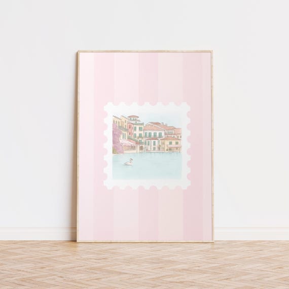 Italy Stamp Print, Travel Wall Art, Coquette Aesthetic Print, Pink Stripes, Dorm Room Art, Girly Wall Art, Italy Lake Wall Art, Home Decor