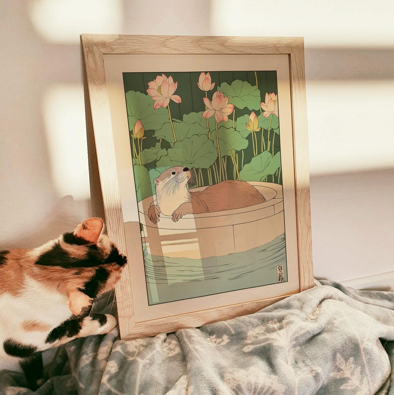 Otter in a Bathtub Print, Japanese Bathroom Wall Art, Otter Wall Art ...