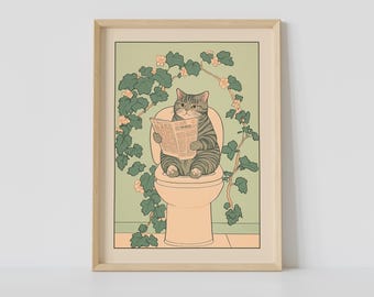 Gray Tabby Cat on Toilet Print, Japanese Bathroom Wall Art, Cat Art, Japandi Art, Relaxing Poster, Japanese Wall Decor, Bathroom Decor