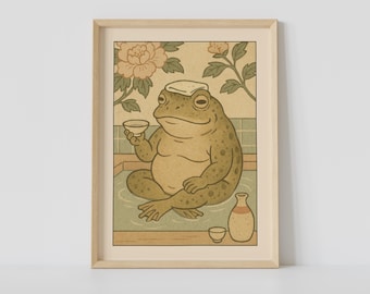 Japanese Frog in a Bathtub Print, Sake Japanese Bathroom Wall Art, Japandi Art, Relaxing Poster, Japanese Wall Decor, Bathroom Decor