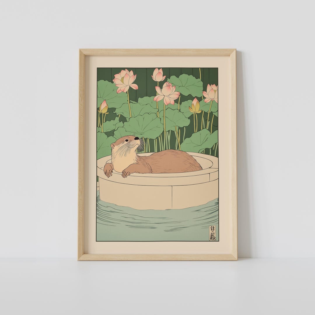 Otter in a Bathtub Print, Japanese Bathroom Wall Art, Otter Wall Art ...