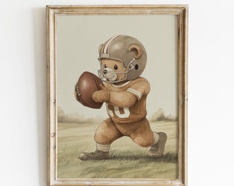 Teddy Bear Playing Football Print, Sport Nursery Decor, Animal Nursery Art, Neutral Nursery, Playroom Decor, Kids Room Art, Baby Room Decor