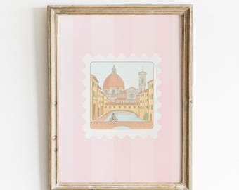 Stampa di francobolli di Firenze, stampa murale di viaggio, stampa estetica Coquette, strisce rosa, arte per dormitori, arte murale femminile, arte murale italiana, arredamento per la casa