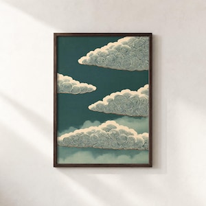 Puede incluir: Una impresión de arte mural rectangular enmarcada que presenta nubes estilizadas sobre un fondo verde azulado profundo. Las nubes están representadas en un color crema claro con intrincados patrones de líneas circulares en espiral.