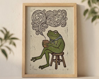 Frog Drinking Coffee Wall Art Print, Cozy Illustration with Swirling Steam and Bandana