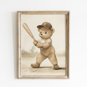 Teddy Bear Playing Baseball Print, Sport Nursery Decor, Animal Nursery Art, Neutral Nursery, Playroom Decor, Kids Room Art, Baby Room Decor