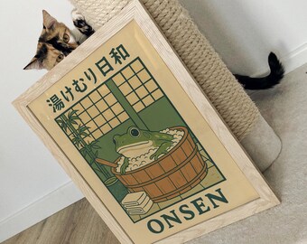 Japanese Frog in a Bathtub Print, Onsen Japanese Bathroom Wall Art