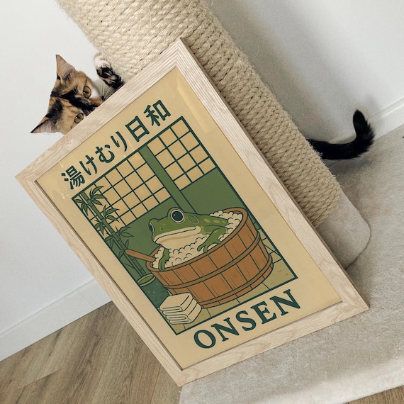 日本限定　Onsen frog cat Ban Japanese Frog in a Bathtub Print, Onsen Japanese Bathroom Wall Art