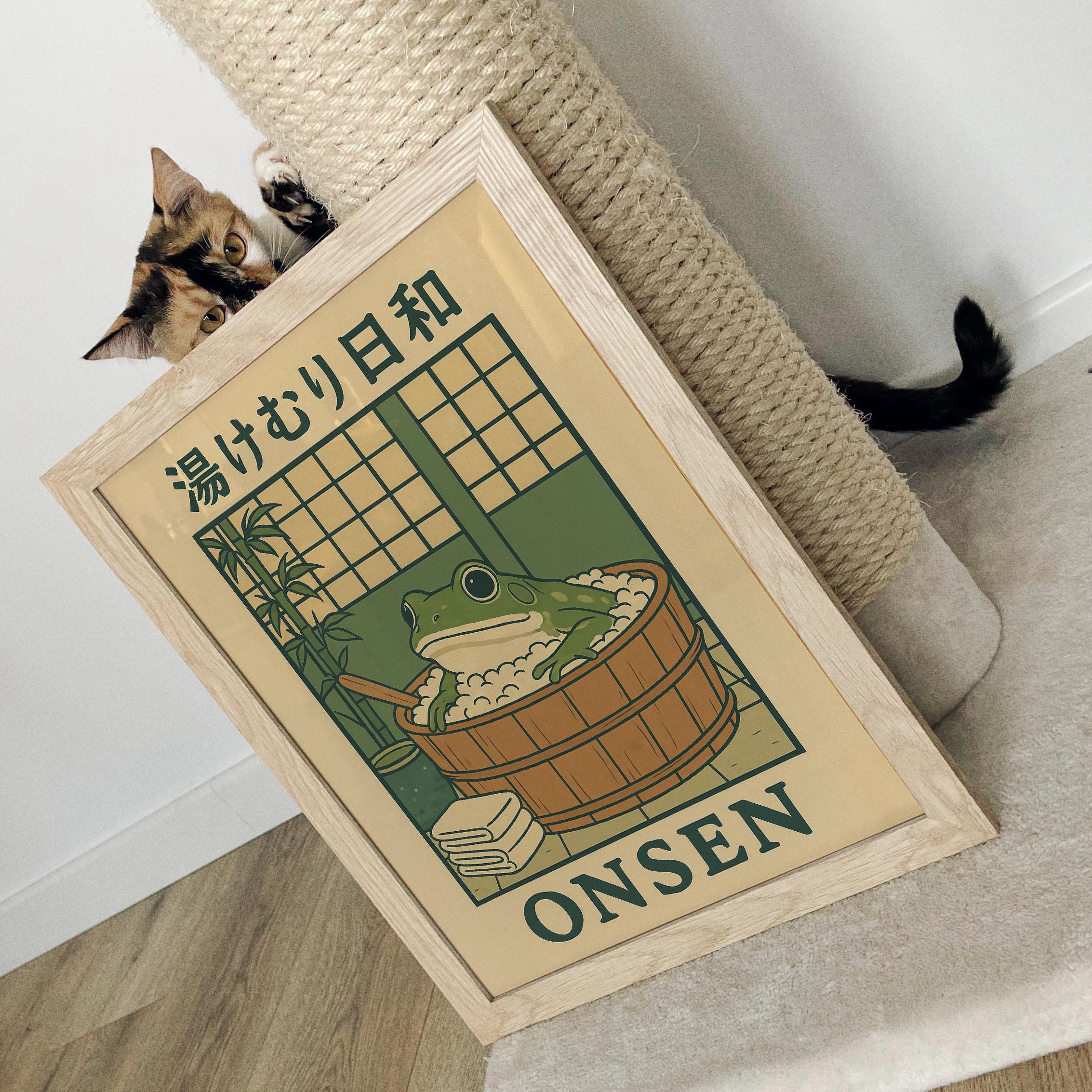 Japanese Frog in a Bathtub Print, Onsen Japanese Bathroom Wall Art