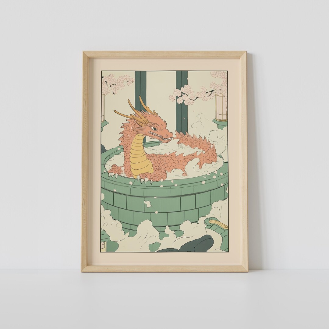Red Dragon in a Bathtub Print, Japanese Bathroom Wall Art, Japandi Art ...
