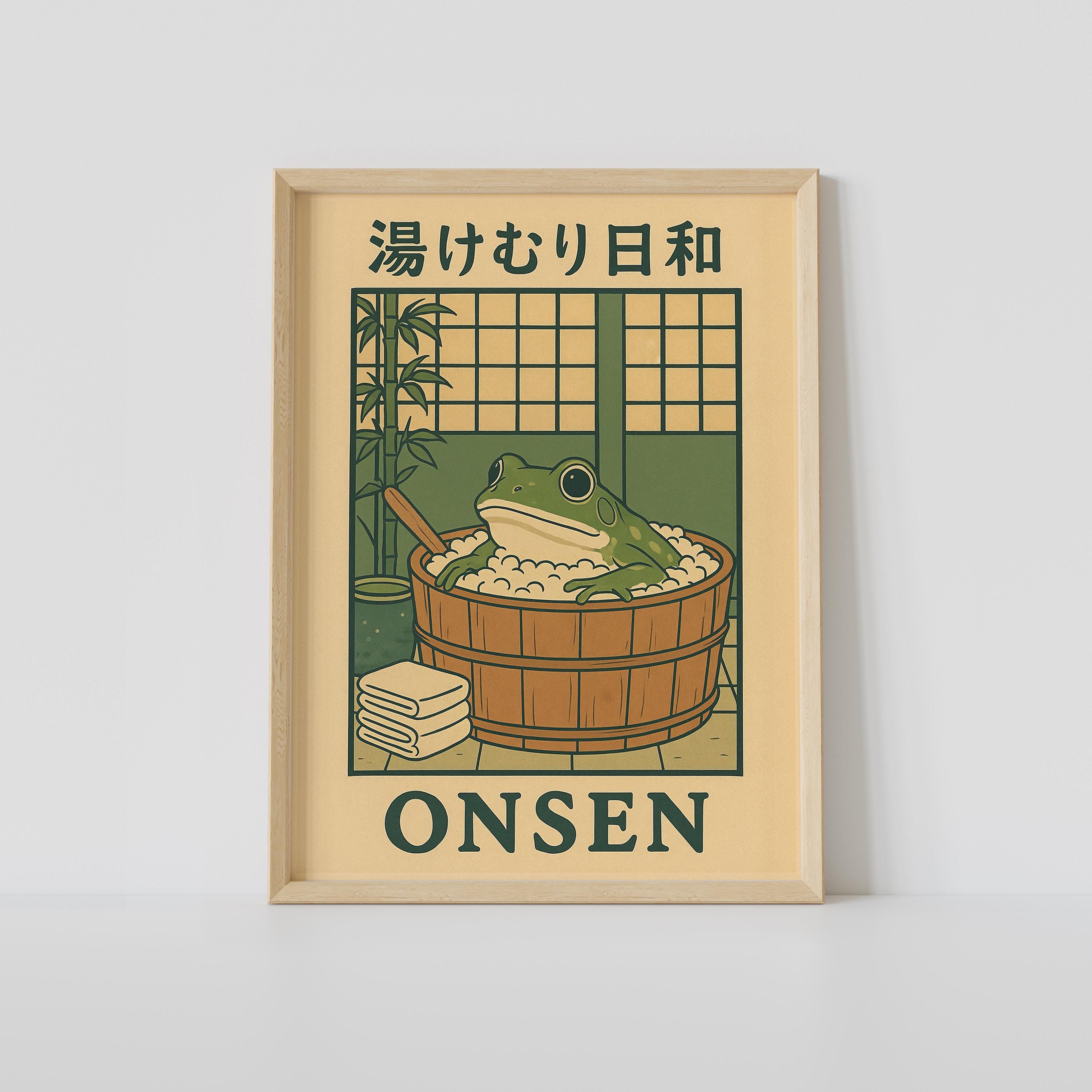 Print Japanse kikker in bad, onsen Japanse badkamer muurkunst, Japandi Art, ontspannende poster, Japans muurdecor, badkamerdecor