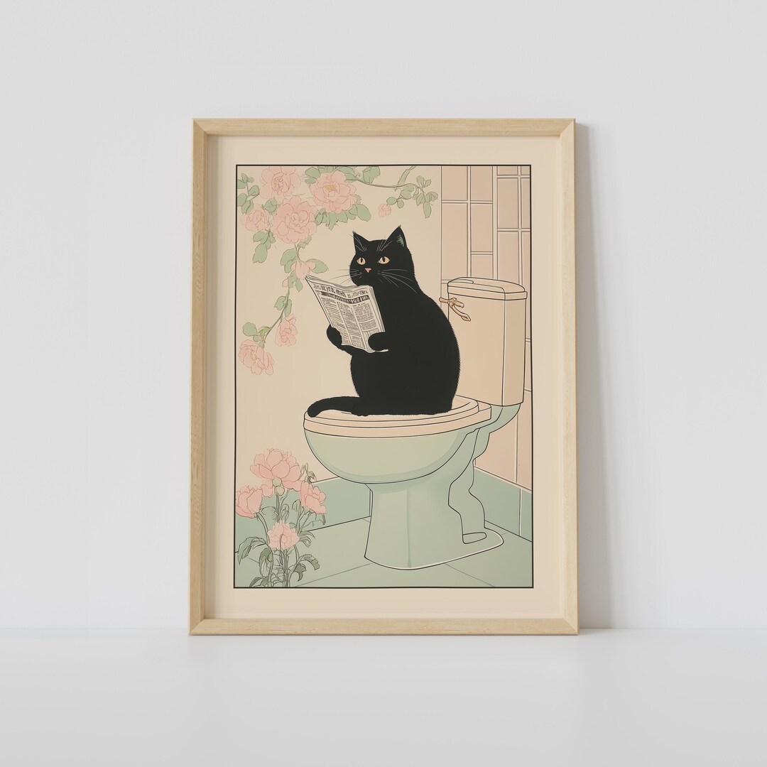 Black Cat on Toilet Print, Japanese Bathroom Wall Art, Cat Art, Japandi ...