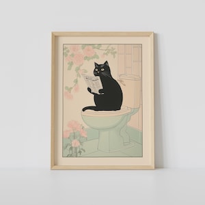 トイレの黒猫のプリント、日本のバスルームの壁アート、猫アート、ジャパンディアート、リラックスできるポスター、日本の壁装飾、バスルームの装飾