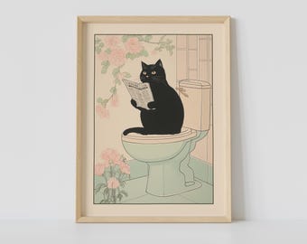 Black Cat on Toilet Print, Japanese Bathroom Wall Art, Cat Art, Japandi Art, Relaxing Poster, Japanese Wall Decor, Bathroom Decor