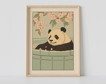Panda in een badkuip print, Japanse badkamer muurkunst, schattige panda muurkunst, Japandi kunst, ontspannende poster, Japans muurdecor, badkamerdecor