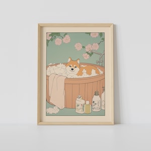 Shiba Inu Dog in a Bathtub Print, Japanese Bathroom Wall Art, Dog Wall Art, Japandi Art, Relaxing Poster, Japanese Wall Decor,Bathroom Decor