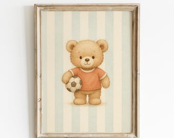Teddy Bear Soccer Print, Sport Nursery Decor, Animal Nursery Art, Blue Stripes, Playroom Decor, Kids Room Art, Baby Room Decor
