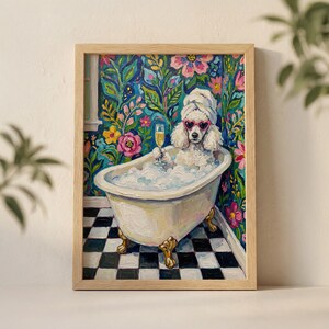 Poodle Champagne Bath Wall Art Print, Glamorous Illustration with Heart Sunglasses and Floral Wallpaper