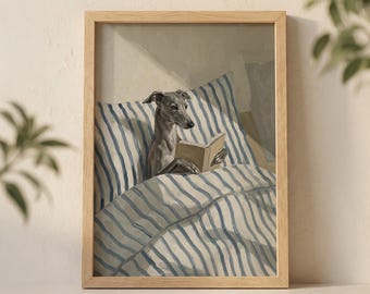 Greyhound Dog Reading Book in Bed Wall Art Print, Cozy Whippet Illustration with Striped Pillow and Soft Sunlight