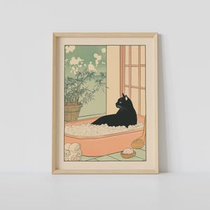 Impresión de gato negro en una bañera, arte de pared de baño japonés, arte de pared de gato, arte japandi, póster relajante, decoración de pared japonesa, decoración de baño