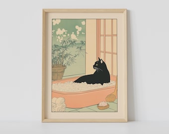Black Cat in a Bathtub Print, Japanese Bathroom Wall Art, Cat Wall Art, Japandi Art, Relaxing Poster, Japanese Wall Decor, Bathroom Decor