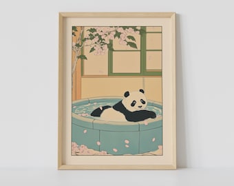 Panda in een badkuip print, Japanse badkamer muurkunst, schattige panda muurkunst, Japandi kunst, ontspannende poster, Japans muurdecor, badkamerdecor
