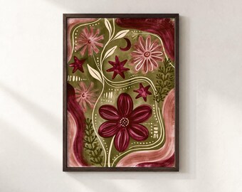 Floral Moon and Stars Folk Art Print, Burgundy and Olive Wall Art, Pink Whimsical Botanical Poster