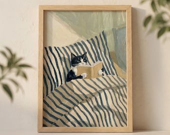 Tuxedo Cat Reading Book in Bed Wall Art Print, Cozy Morning Illustration with Striped Pillow and Soft Sunlight
