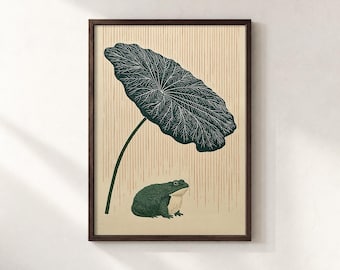 Japanese Frog Poster: Rainy Taro Leaf Botanical Wall Art