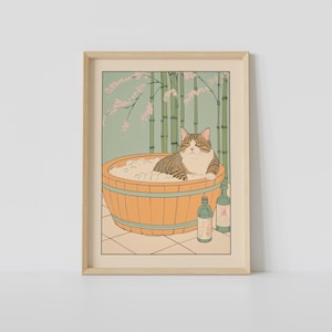 Tabby Cat in a Bathtub Print, Japanese Bathroom Wall Art, Cat Wall Art, Japandi Art, Relaxing Poster, Japanese Wall Decor, Bathroom Decor
