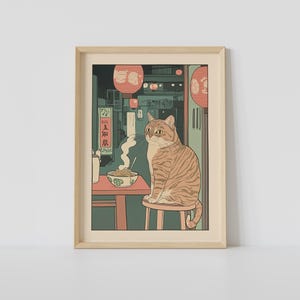 Tabby Cat Eating Ramen Print, Japanese Kitchen Wall Art, Cat Art, Japandi Art, Relaxing Poster, Japanese Wall Decor, Kitchen Decor