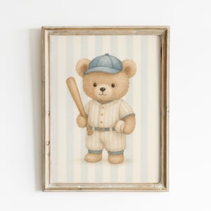Teddy Bear Playing Baseball Print, Sport Nursery Decor, Animal Nursery Art, Blue Stripes, Playroom Decor, Kids Room Art, Baby Room Decor