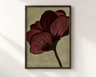 Burgundy Flower Close Up Wall Art, Olive Green Botanical Print, Moody Floral Poster