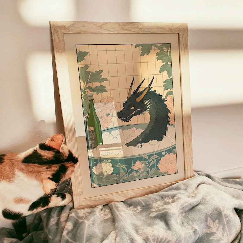 Black Dragon in a Bathtub Print, Japanese Bathroom Wall Art, Dragon Art ...