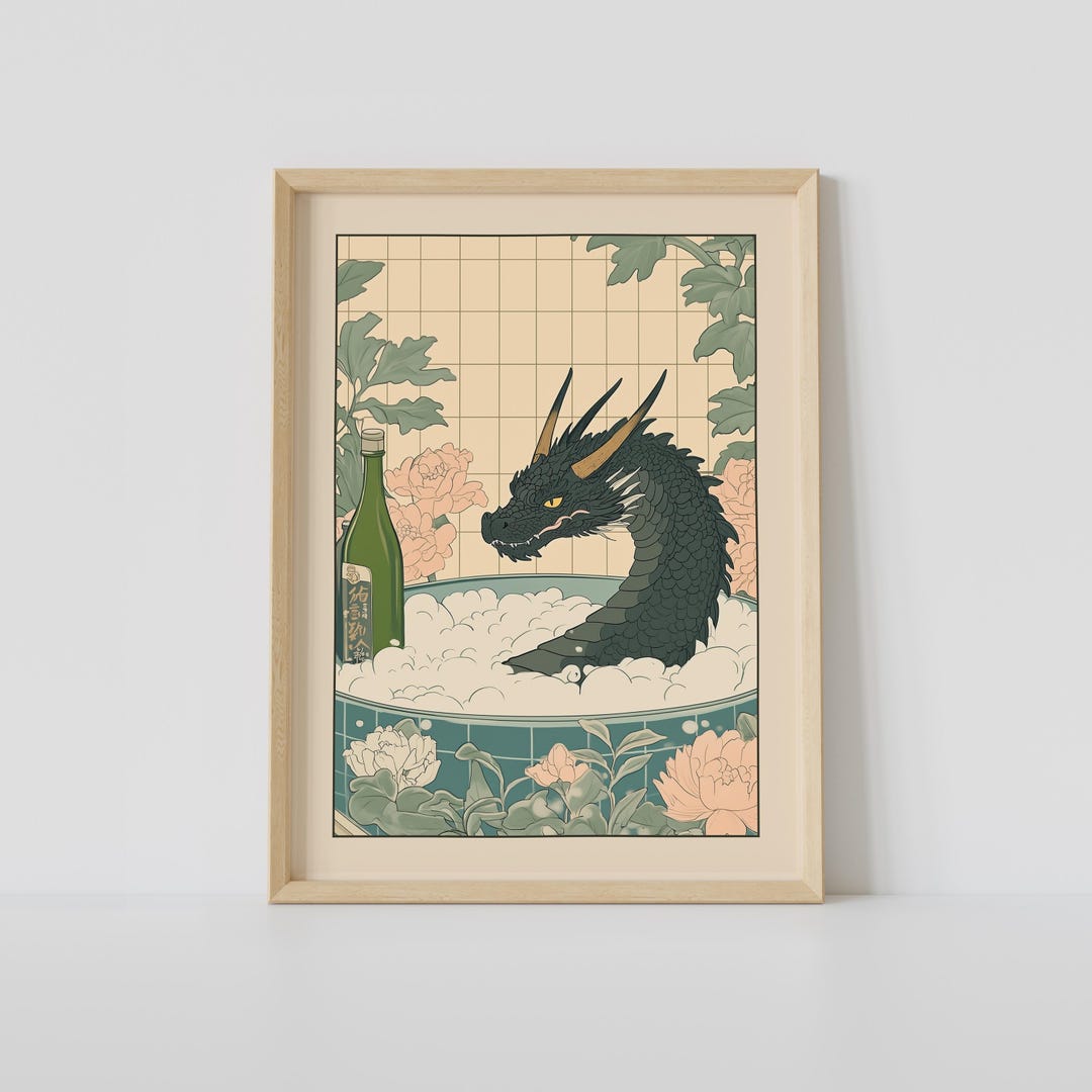 Black Dragon in a Bathtub Print, Japanese Bathroom Wall Art, Dragon Art ...