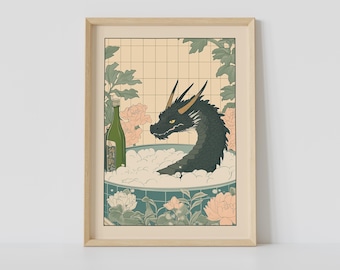 Schwarzer Drache in der Badewanne (Kunstdruck), Japanische Badezimmer-Wandkunst, Drachenmotiv, Japandi-Kunst, Entspannungsposter, Japanische Wanddekoration, Badezimmerdeko