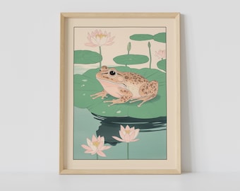 Japanese Frog Sitting on a Lily Pad Print, Japanese Bathroom Wall Art, Japandi Art, Relaxing Poster, Japanese Wall Decor, Bathroom Decor