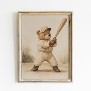 Teddy Bear Playing Baseball Print, Sport Nursery Decor, Animal Nursery Art, Neutral Nursery, Playroom Decor, Kids Room Art, Baby Room Decor
