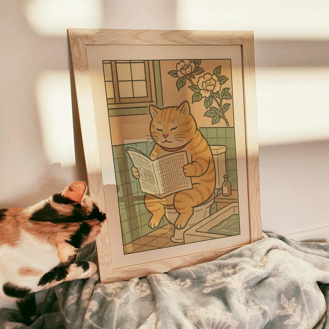 Fat Tabby Cat on Toilet Print, Japanese Bathroom Wall Art, Cat Art ...